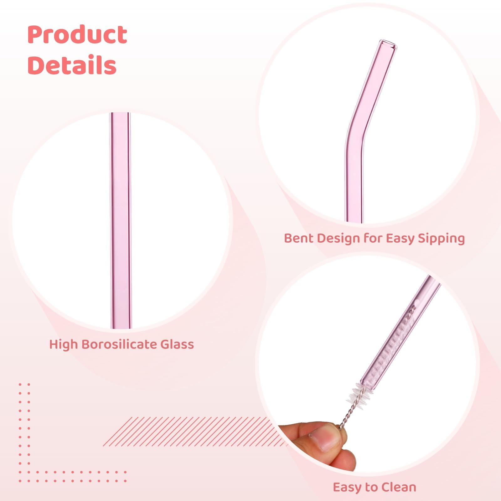 24 Stück Glasstrohhalme, wiederverwendbar, pink, gebogen, aus Borosilikatglas, Trinkhalme für Smoothies, Milchshakes, heiße und kalte Getränke, klare Glasstrohhalme, mit 2 Reinigungsbürsten