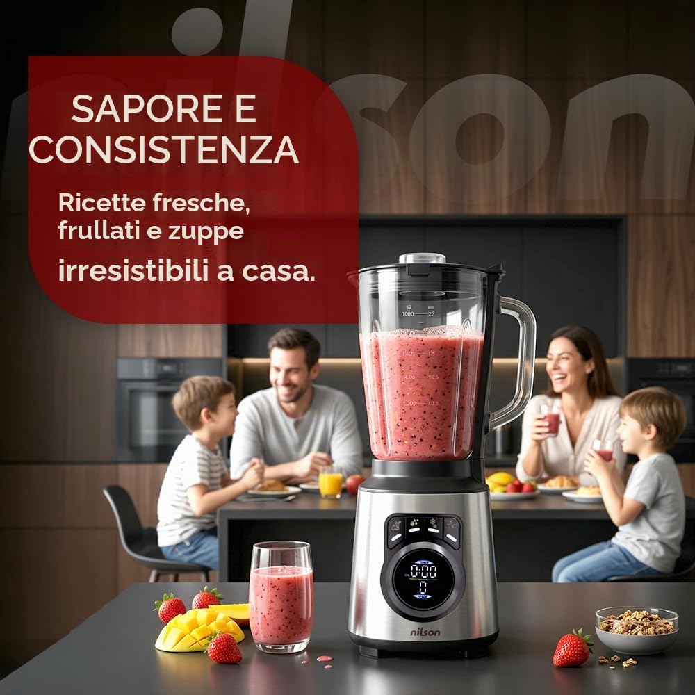 Frullatore a bicchiere nutrizionale, 1200 W, potenza massima, capacità 1,5 l, 9 velocità, display a LED manuale, frantumazione, miscelazione e becco ghiaccio, funzione turbo, NTB1200DX