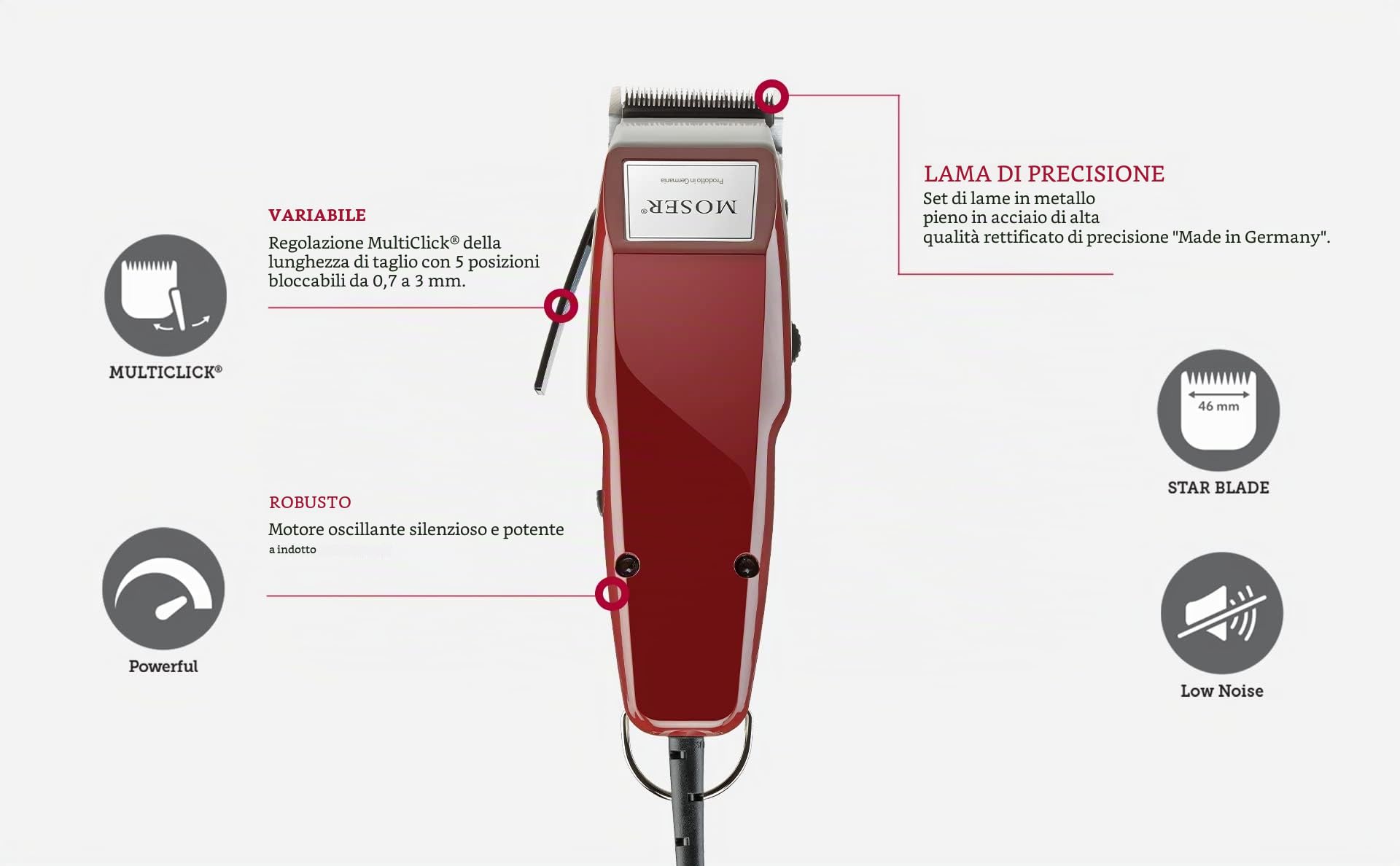 Moser 1400 tagliacapelli professionale con cavo, lame completamente in metallo per un taglio preciso, regolazione della lunghezza di taglio variabile con 5 posizioni bloccabili da 0.7 - 3 mm