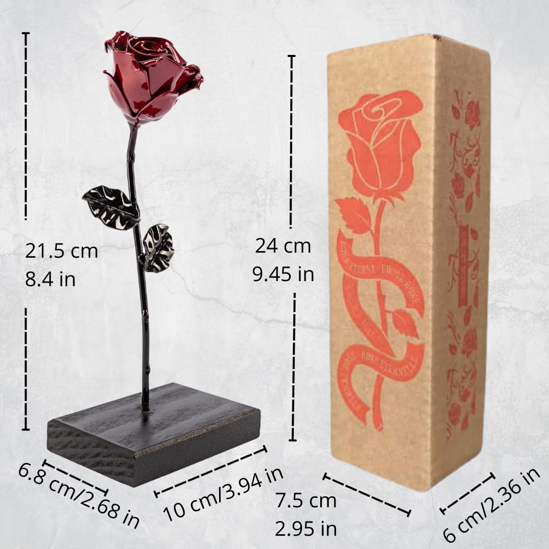 Forging Art Bcn® Ewige Rose aus Schmiedeeisen mit Fußgestell - Handgeschmiedet - Geschenk zum Muttertag, Valentinstag, Hochzeitstag, Eiserne Hochzeit (Rot/Schwarz mit Sockel)