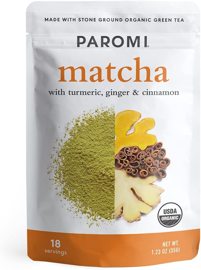 ParomiTea Matcha with Turmeric, Ginger & Cinnamon 35 Grams, Organic Stone-Ground Organic Green Tea, Serve Hot or Iced, Blend, Whisk, Stir, or Shake into Water or MilkUSDA Organic