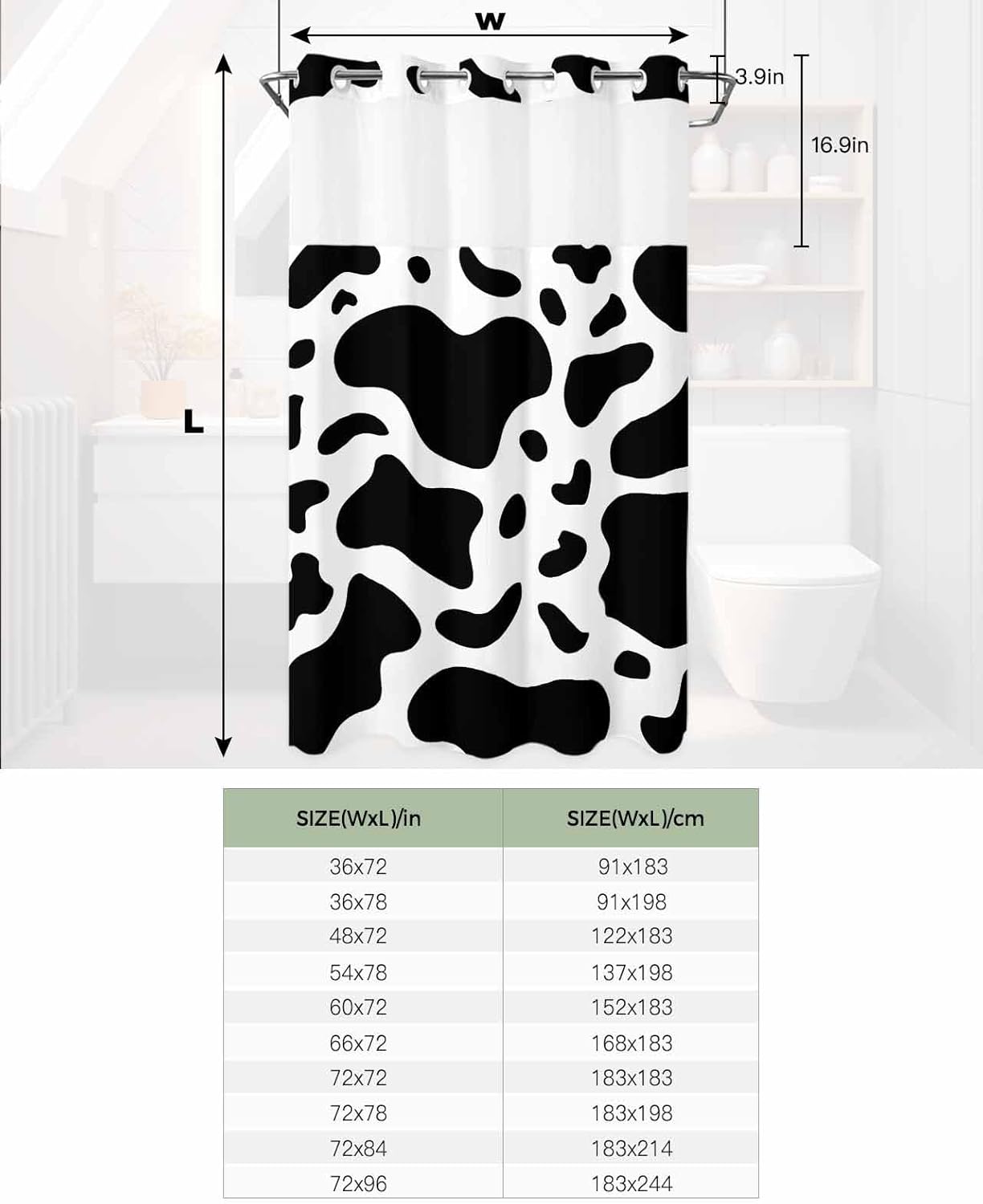 No Hook Cloth Fabric Shower Curtain with Snap in Liner, Black and White Waterproof Shower Curtains Set with See Through Top Window, Cow Print Animal Themed Bath Curtains Shower 36"x72"