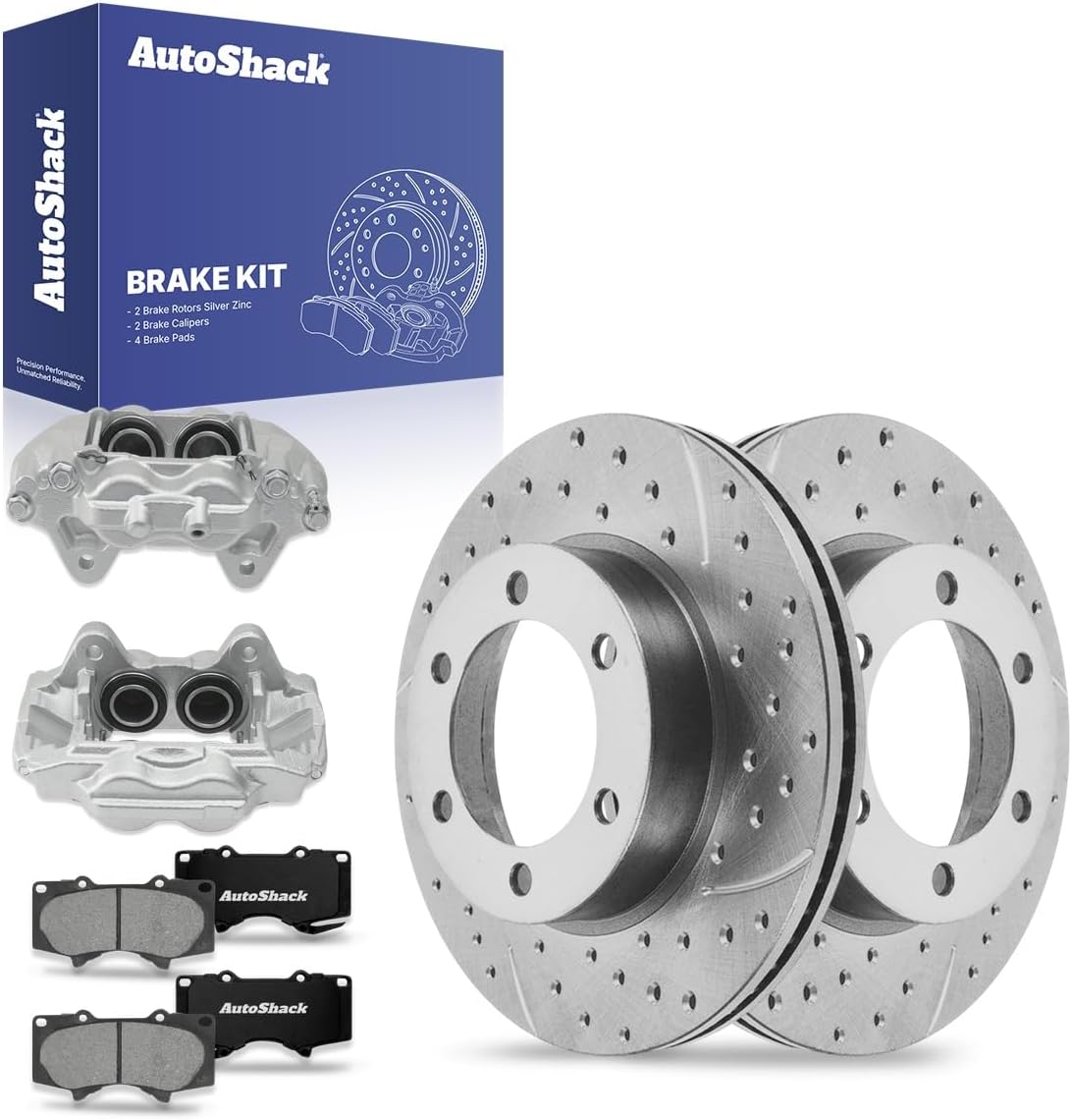 Auto Shack Front Drilled & Slotted Brake Rotors with Ceramic Pads and Calipers Kit