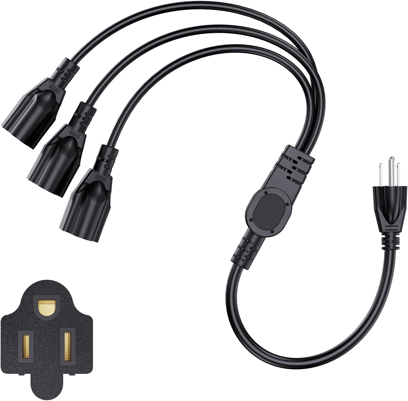 Extension Cord with 1 to 5 Splitter 16 AWG 13A 1625W 20 Inch Black 2 Pack | Outdoor Y-Style SJTW Cord NEMA 5-15P to 5-15R