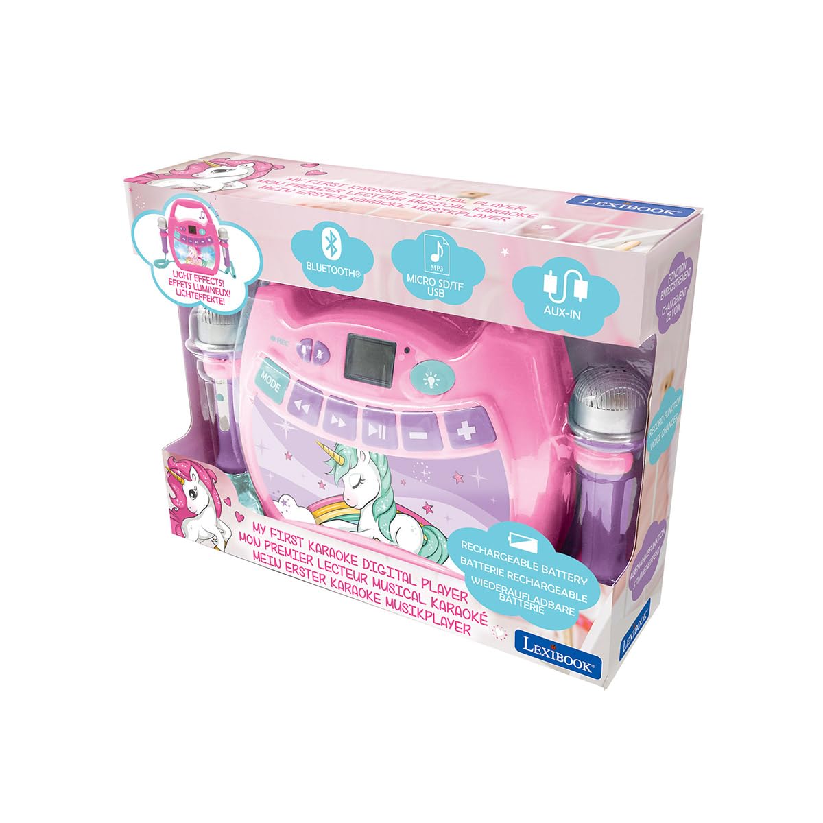 Lexibook Unicorno - Lettore Musicale Karaoke Portatile per Bambini - Microfoni, Effetti di Luce, Bluetooth, Registrazione vocale e funzioni di Modifica, batterie Ricaricabili, Rosa, MP320UNIZLXB