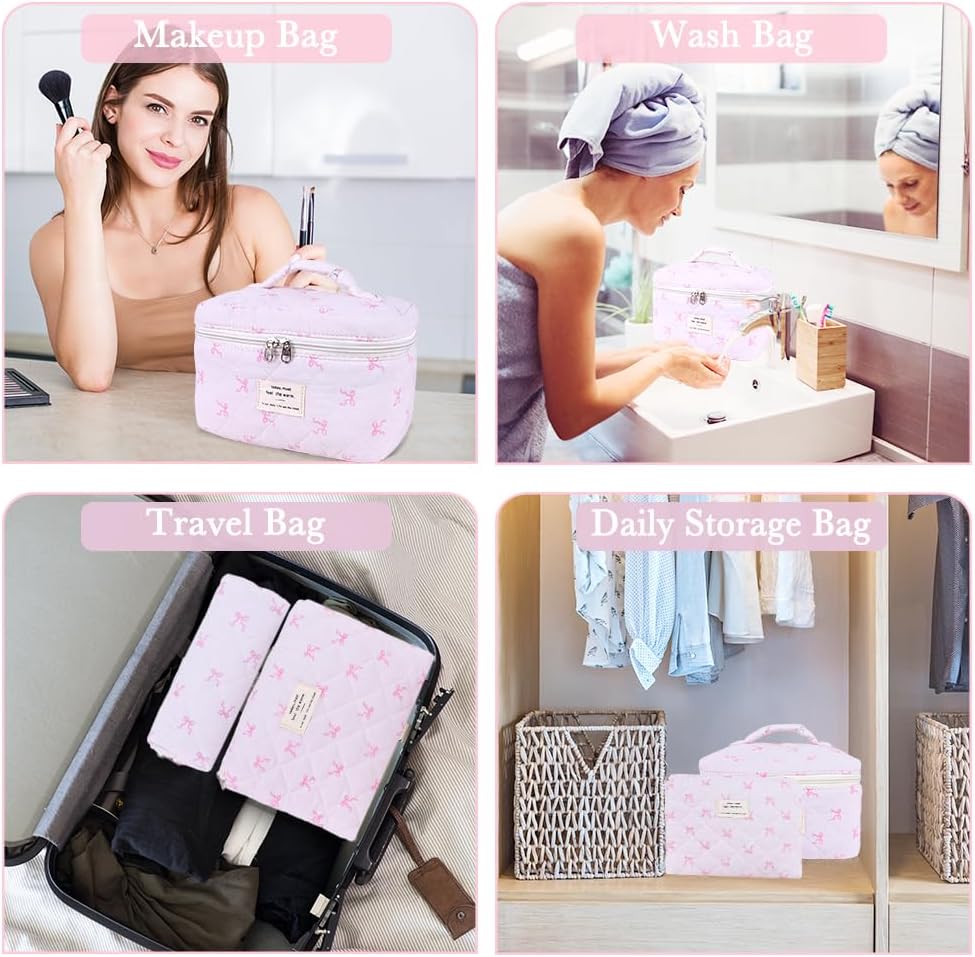 3Pcs Cotton Quilted Makeup Bag Set,Large Floral Cosmetic Bag,Aesthetic Toiletry Travel Makeup Bag Set and Cute Flower Bag for Women Girls (Pink Bow) - Image 6