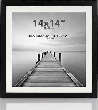 Boldon Framing - Square Thin Black Wood Picture Frame, 14x14 With White Mount to fit 12x12 Picture Wall Mount Photo Display
