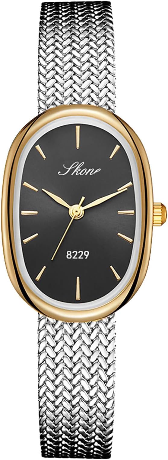 Elegant Oval Gold Watches for Women Easy Reader Watch Fashion Women Stainless Steel Exquisite Wristwatch (Silver/Black-A)