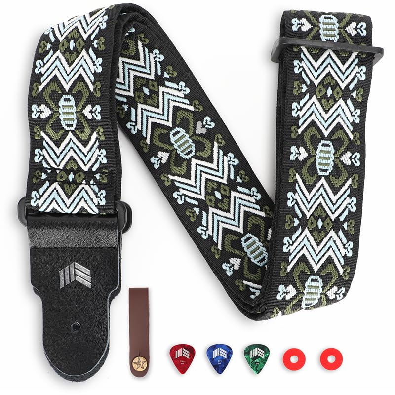 [MOOZAK] ヴィンテージ刺繍入りコットンギターストラップ, 本革エンド, アコースティック＆エレクトリックギター対応, ピック3枚・ロック2個・ヘッドストックタイ1個付き