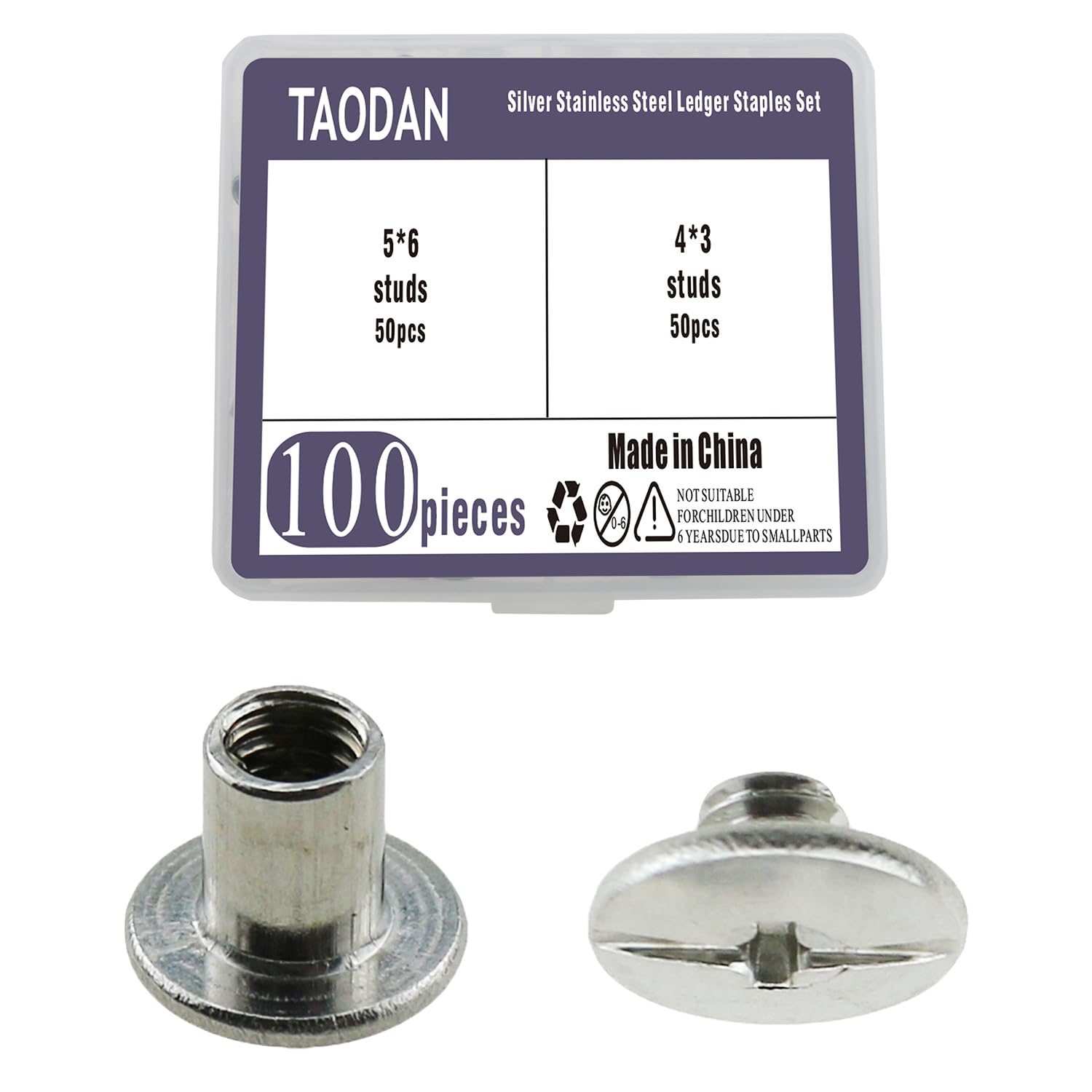 TAODAN 100PCS Silver Stainless Steel Ledger Staples Set Suitable for Leather Crafting Bookbinding Fasteners DIY Projects