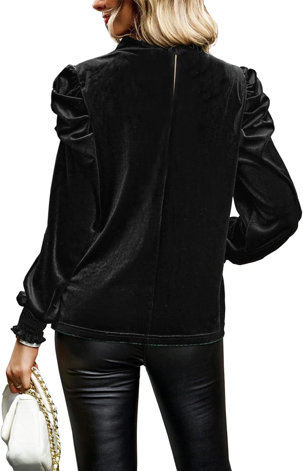Womens Mock Neck Puff Long Sleeve Velvet Tops Fall Winter Trendy Dressy Casual Elegant Shirts Blouse - Image 5