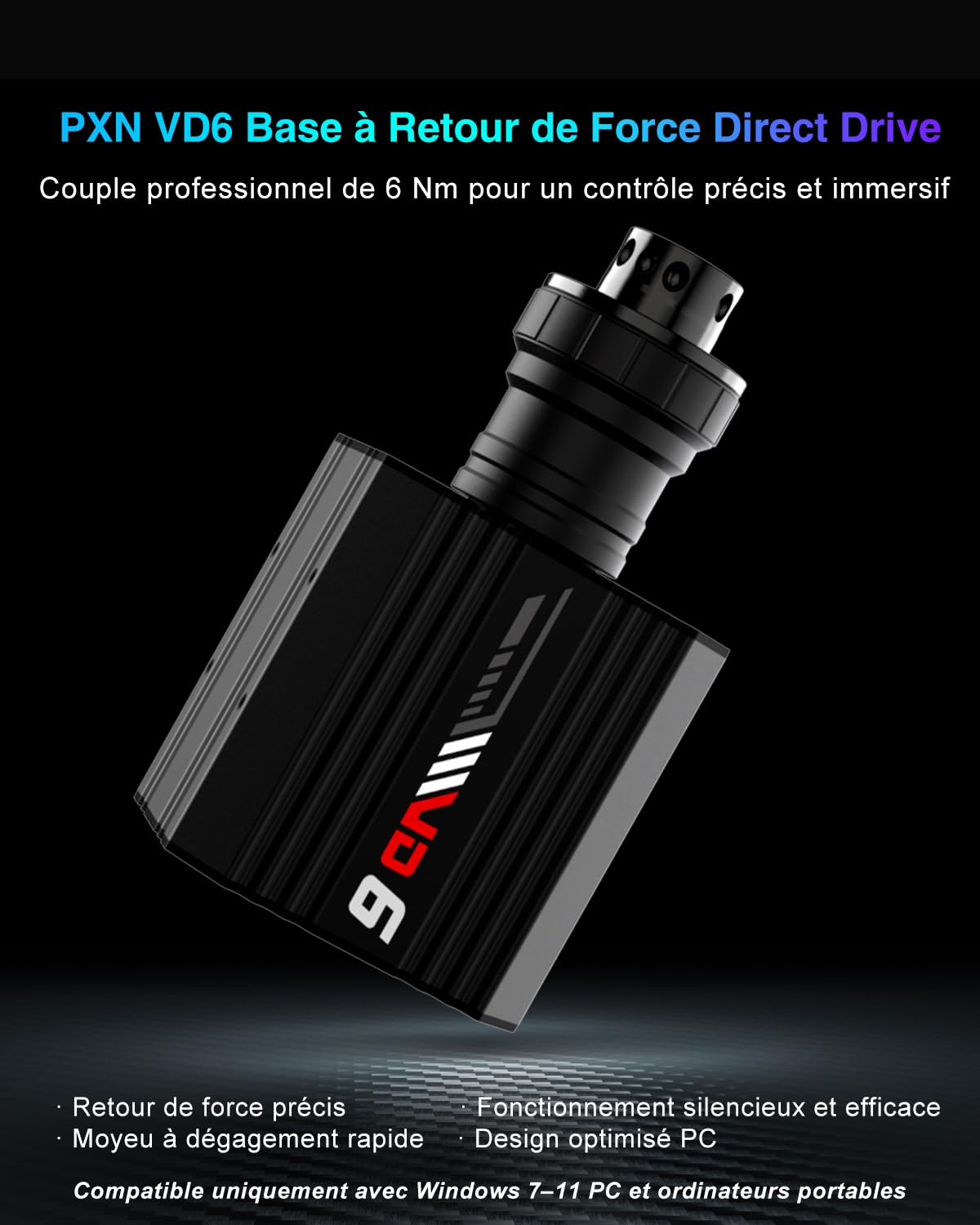 PXN VD6 Base de Volant Direct Drive – Couple de 6 Nm, Retour de Force Haute Précision, Moteur Servo à Faible Inertie Professionnelle – Base de Volant de Jeu pour PC