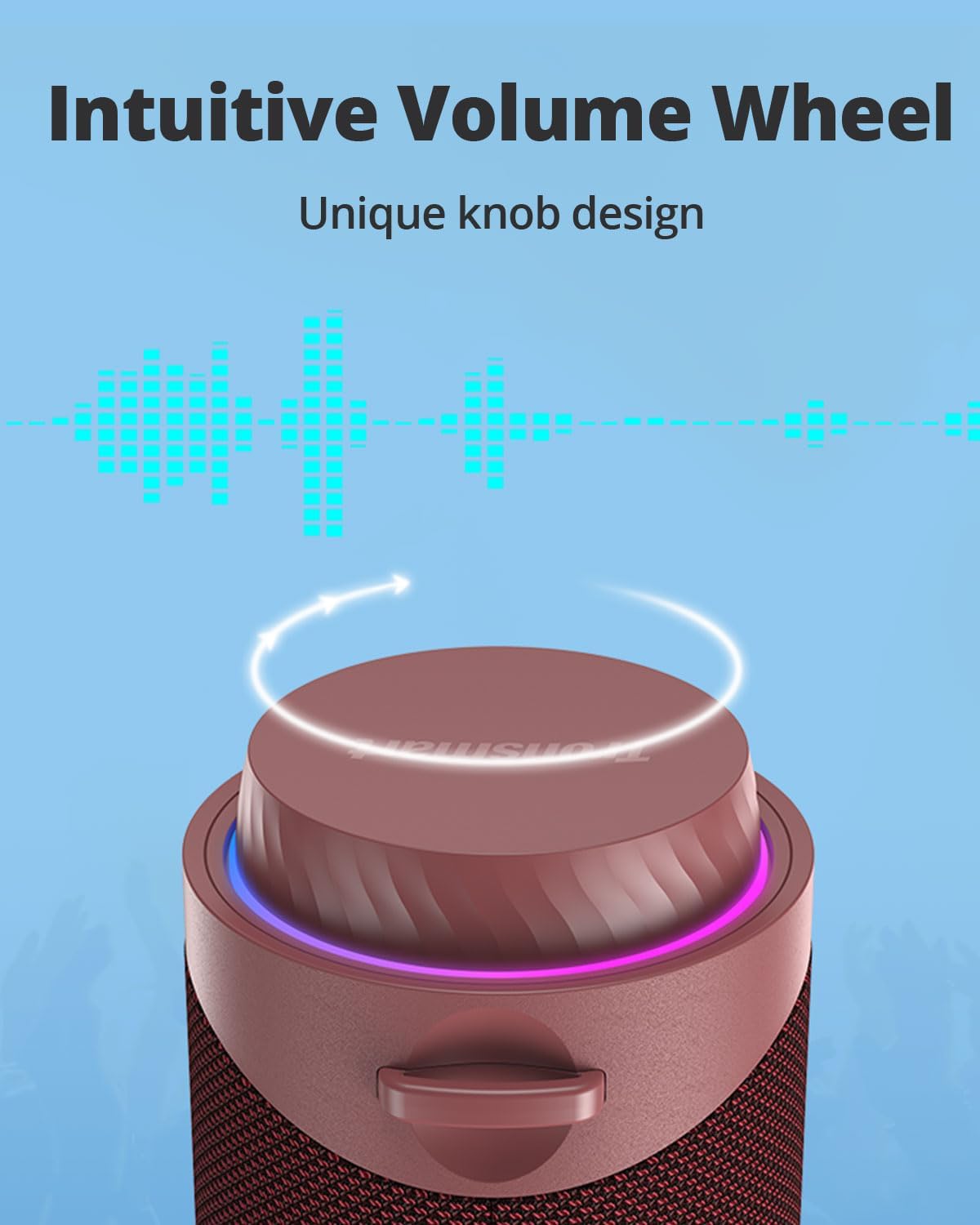 Close-up view of the Tronsmart T7 speaker's top-mounted intuitive volume wheel with an illuminated ring.