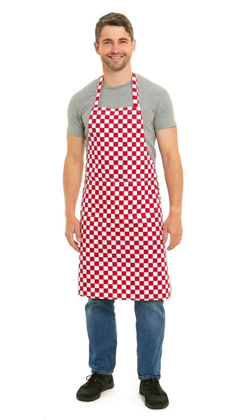 Tesmark Check Barbecue & Butcher Aprons for Men and Women with Pockets, One Size Check Design Versatile Aprons Ideal for Home, BBQ and Professional Use (Red)