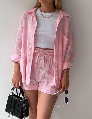 Vista 4 de Flygo Conjunto casual de 2 piezas para mujer, conjunto de algodón y lino, camisa de manga larga y pantalones cortos a juego