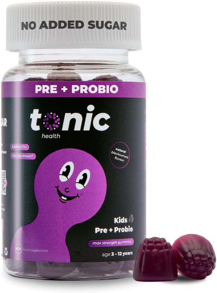 Tonic Health Kids Probiotic Gummies – 2 in 1 Prebiotics & Probiotics for Kids, No Added Sugar, Digestive System, Gut Health, Immune System, Ages 3-12, Vegan, Blackcurrant, Month Supply (60 Count)