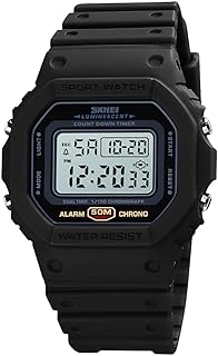 ساعه رياضية رقمية للرجال والنساء متعددة الوظائف مقاومة للماء مع منبه وتقويم كامل يعرض اليوم والوقت والتاريخ واضائه خلفيه استيك اسود مطاطي
