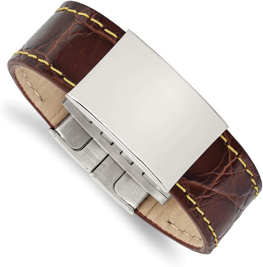 Real Stainless Steel Men's Brown Leather/Yellow Stitch ID Bracelet Engravable Identification Name Bar Tag 8.5"