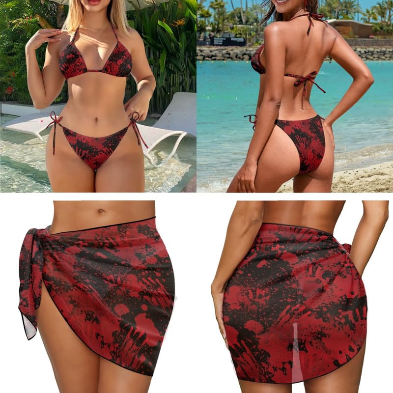 Irisjudy Women's 3 Piece Boho Floral Bathing Suit with Beach Wrap Skirt Sarong Chiffon Swimsuit Tie Side Bikini Set Cover Up3