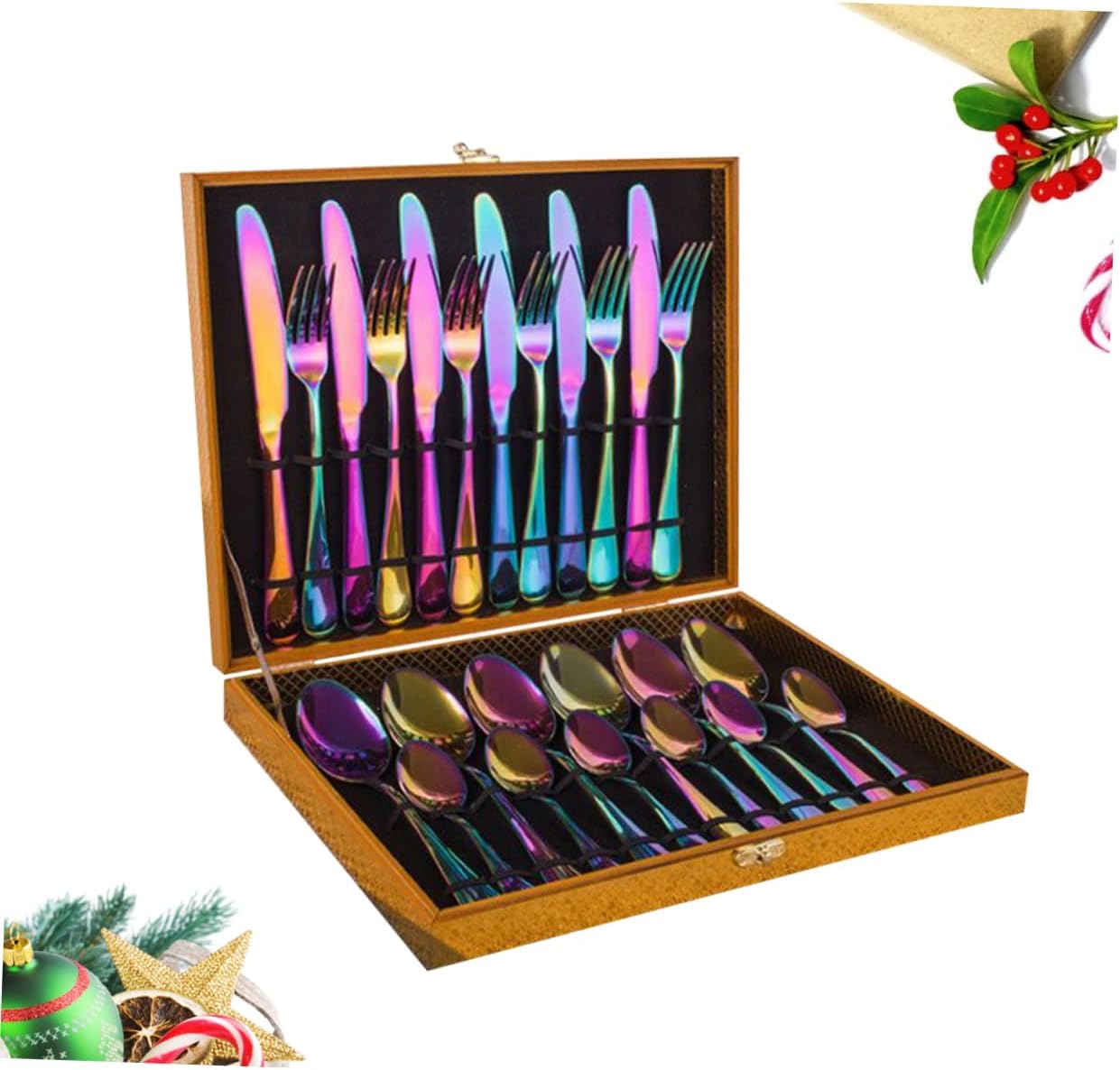 Stainless Steel Cutlery Set with Colorful Finish and Luxury Wooden Box for Home Restaurant and Party Use Includes Spoons Forks and Knives Dishwasher Safe