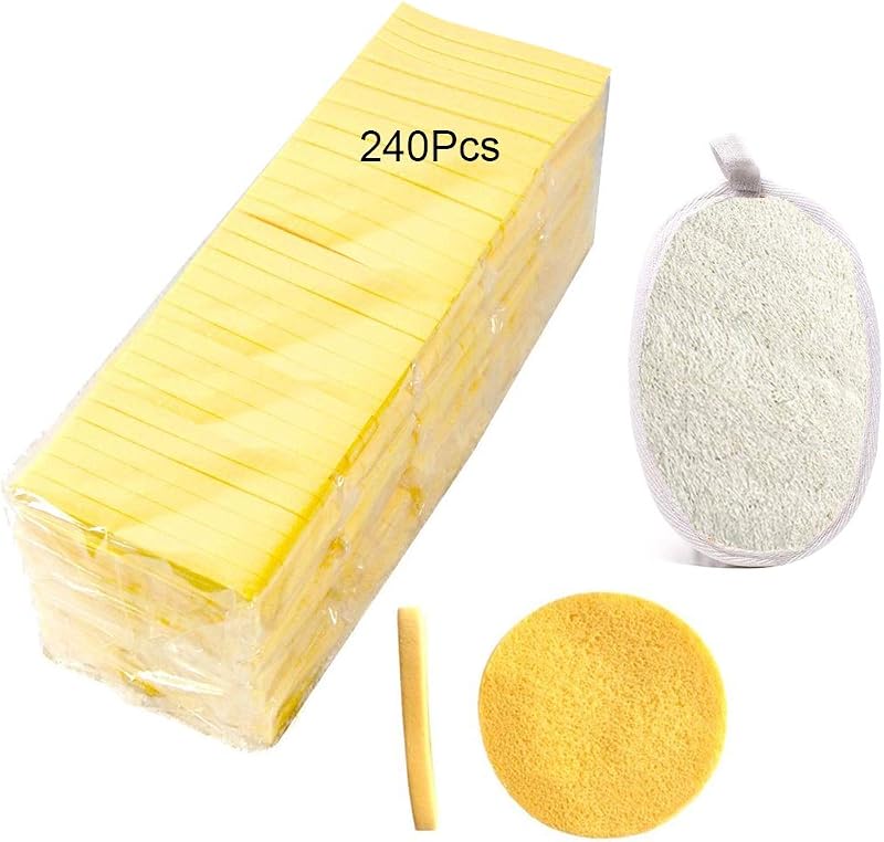 Esponjas faciais comprimidas Tegelrying em PVA, 240 unidades, amarelas, com bucha corporal