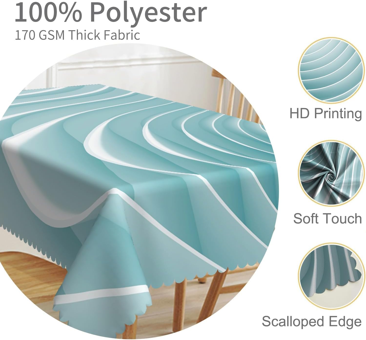 52x70inches Abstract 3D Wave Pattern Tablecloth Modern Geometric Gradient Turquoise White Table Covers Waterproof Durable Polyester Fabric Table Cloth for Dining Room Living Room Home Decor