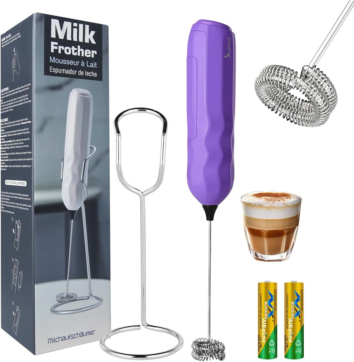 SUPRUS Ultra Fast Handheld Milk Frother Double Whisk with Stand 2 Batteries Stainless Steel for Lattes Cappuccino Matcha Hot Chocolate Coffee Bar Accessories Kitchen Gadgets Gift