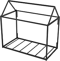 Vista 4 de Cama de plataforma de metal con forma de casa con listones de metal sólido, cama de casa de tamaño individual con diseño de techo, marco de cama