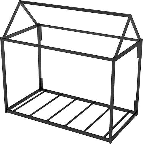 Miniatura 107 de Cama de casa de tamaño individual con diseño de valla y techo, marco de cama de metal, marco de cama de piso doble, base de cama Montessori de Color