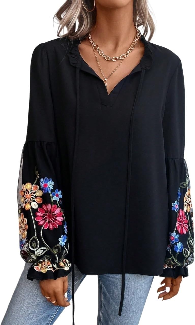 Women's Classic-Fit Shirt Lantern Sleeve Tie Neck Blouse(Medium)