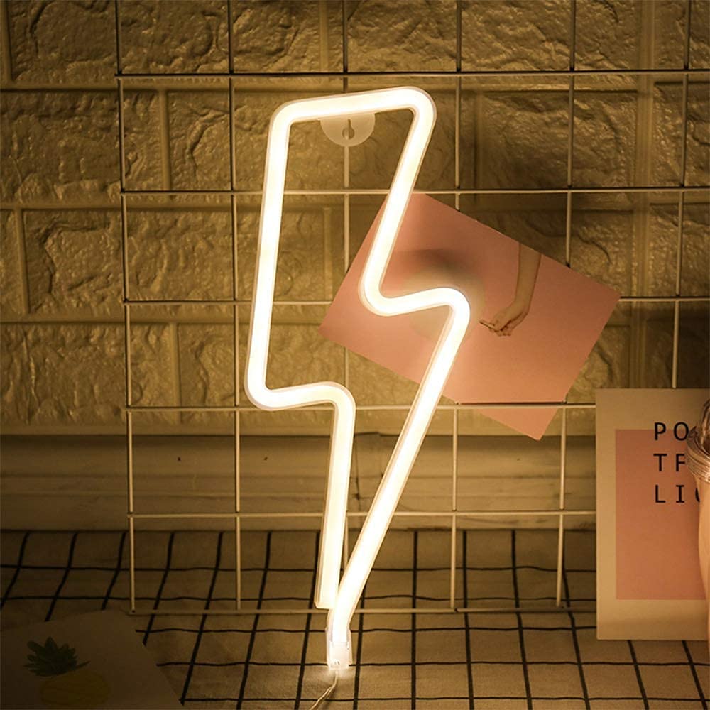 Luz de noche LED de neón, Letreros de neón en forma de rayo Luz de noche decorativa de pared Batería y USB alimentado para decoración del hogar (Blanco cálido)
