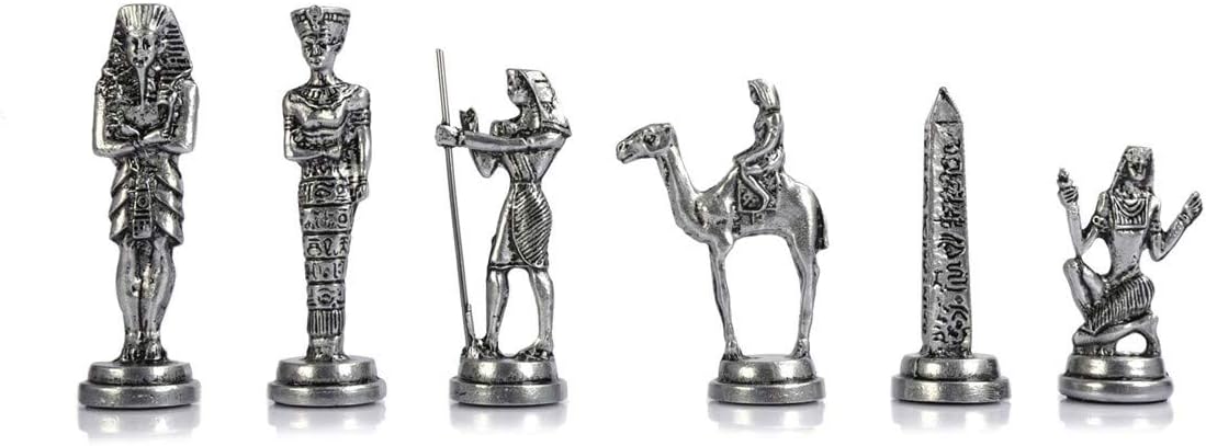 Metal Chess Set for Adults Ancient Egypt Pharaoh Antique Copper Figures,Handmade Pieces and Different Pattern Wooden Chess Board King 3.4 inc (Mocha)