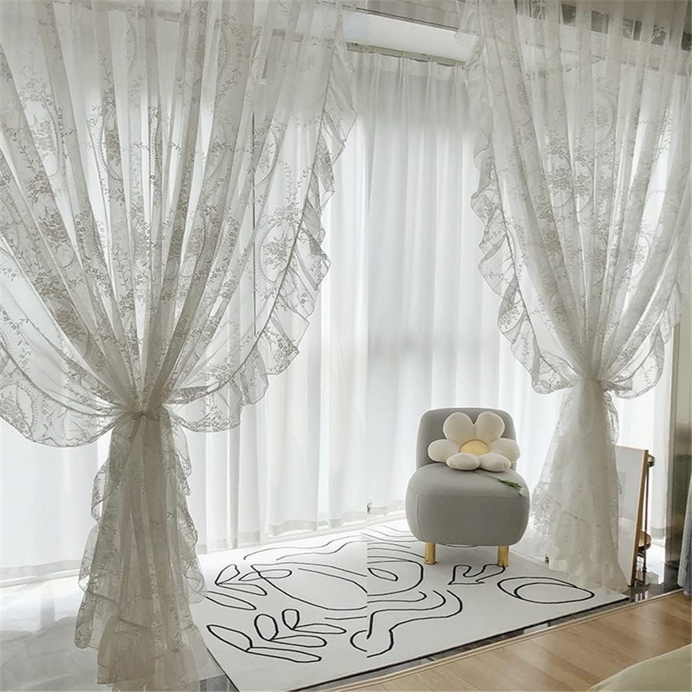 Retro French Princess Style Floral Embroidery Sheer Lace Curtain with Ruffle for Bedroom Living Room Rod Pocket Top 2 Panels (White,W79 x L102 inch - 2 Panels)