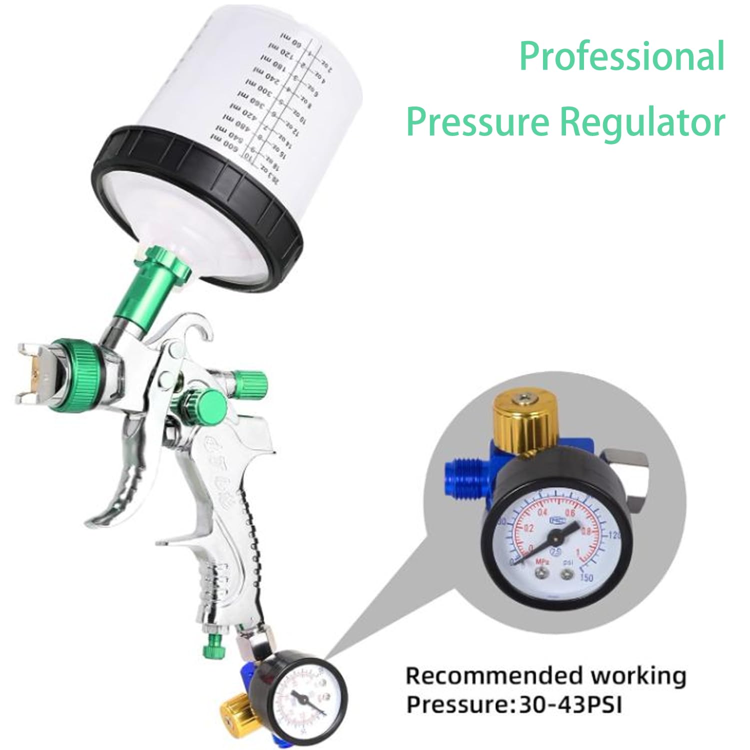 Pistola Pintura Neumática para Automóviles, Pistola para Pintar Paredes y Techos, con 10 Tazas para Mezclar, Herramienta de Pulverización Profesional, Color Verde​, 600ML