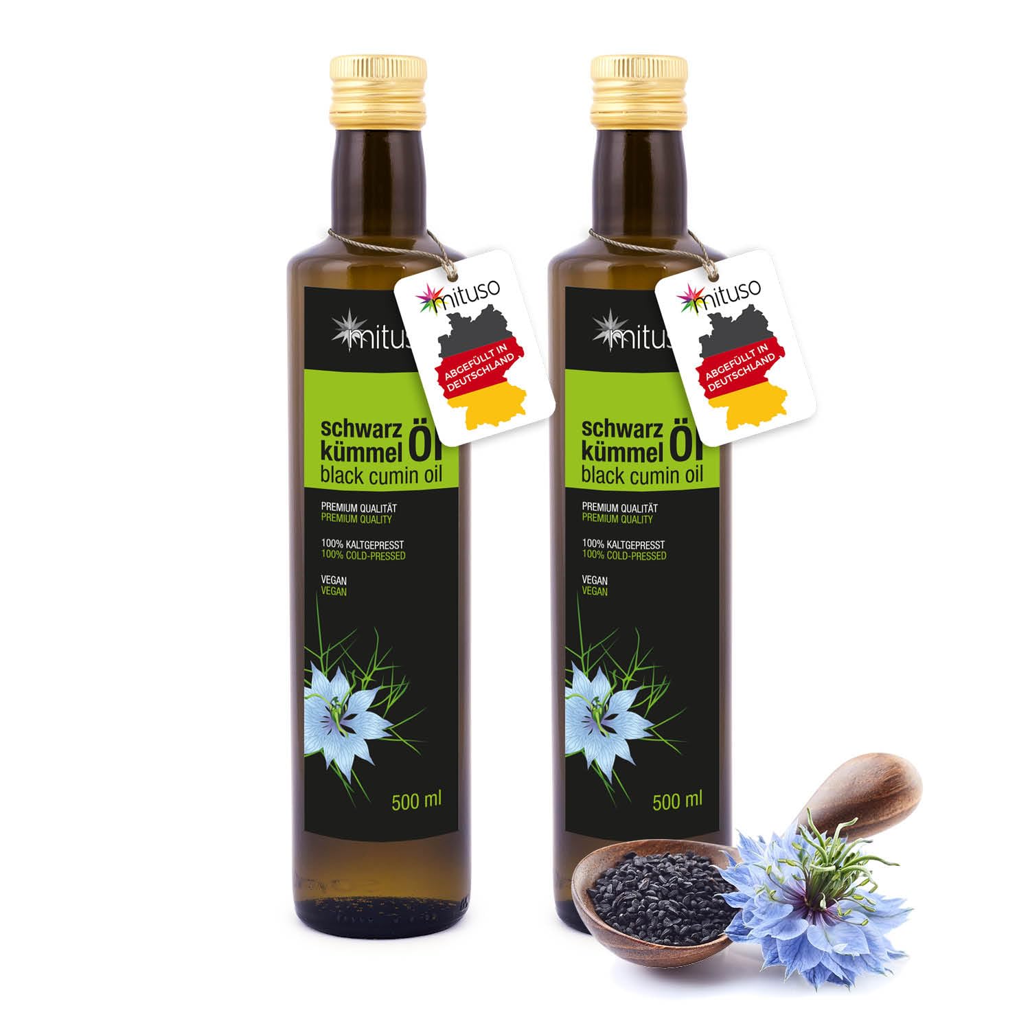 Huile de cumin noir mituso, 100% pur et pressé à froid, 1 paquet (2 x 500 ml)