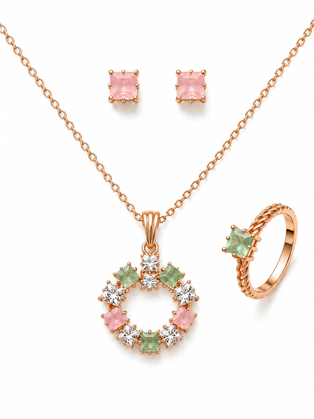 Rose Gold Pendant Necklace Set with Stud Earrings & Ring for Women | Jewellery Combo Set-image-18