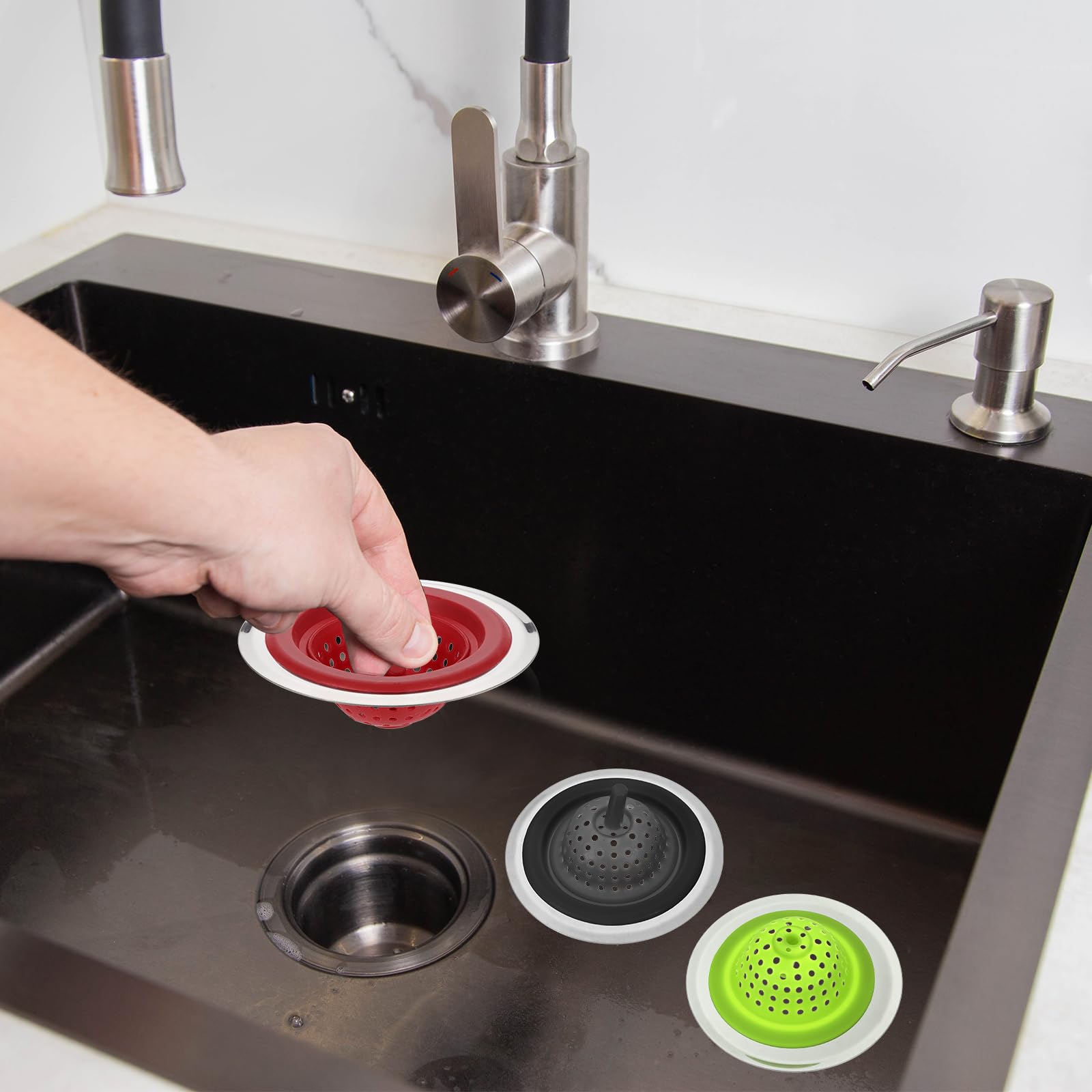 QUARKZMAN Silikonowy sitko do zlewu, 2 szt. Sitko odpływowe do zlewu kuchennego z wyjmowaną krawędzią ze stali nierdzewnej, średnica 12 cm, czarny