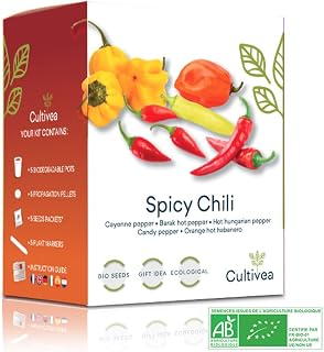 Chili Anzuchtset - 100% BIO Samen - Garten und genießen - Geschenkidee (Cayenne-Chili, Barak-Chilli, ungarischer Pfeffer, Kandis-Pfeffer, Hot Habanero Chili) - Scharf & Mild - CULTIVEA®