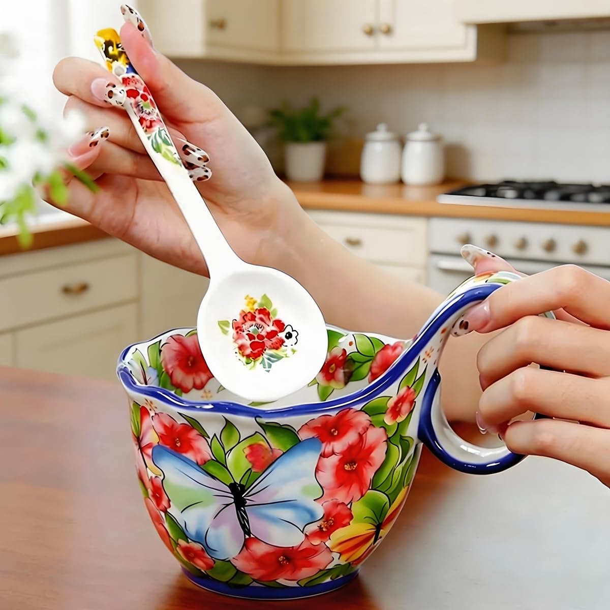 Microwavable Soup Bowl with Handle, Hand Painted Butterflies whisper Decorative Soup Bowls with Handles, Ceramic Soup Bowl with Spoon for Holding Fruits Cereal Snack, Chili, Ice Cream, Stew and Salsa.
