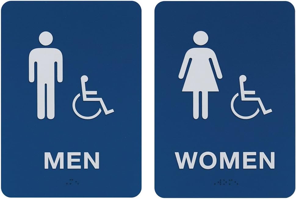 Men & Women's Handicap Restroom Sign Set w/Braille (Blue)