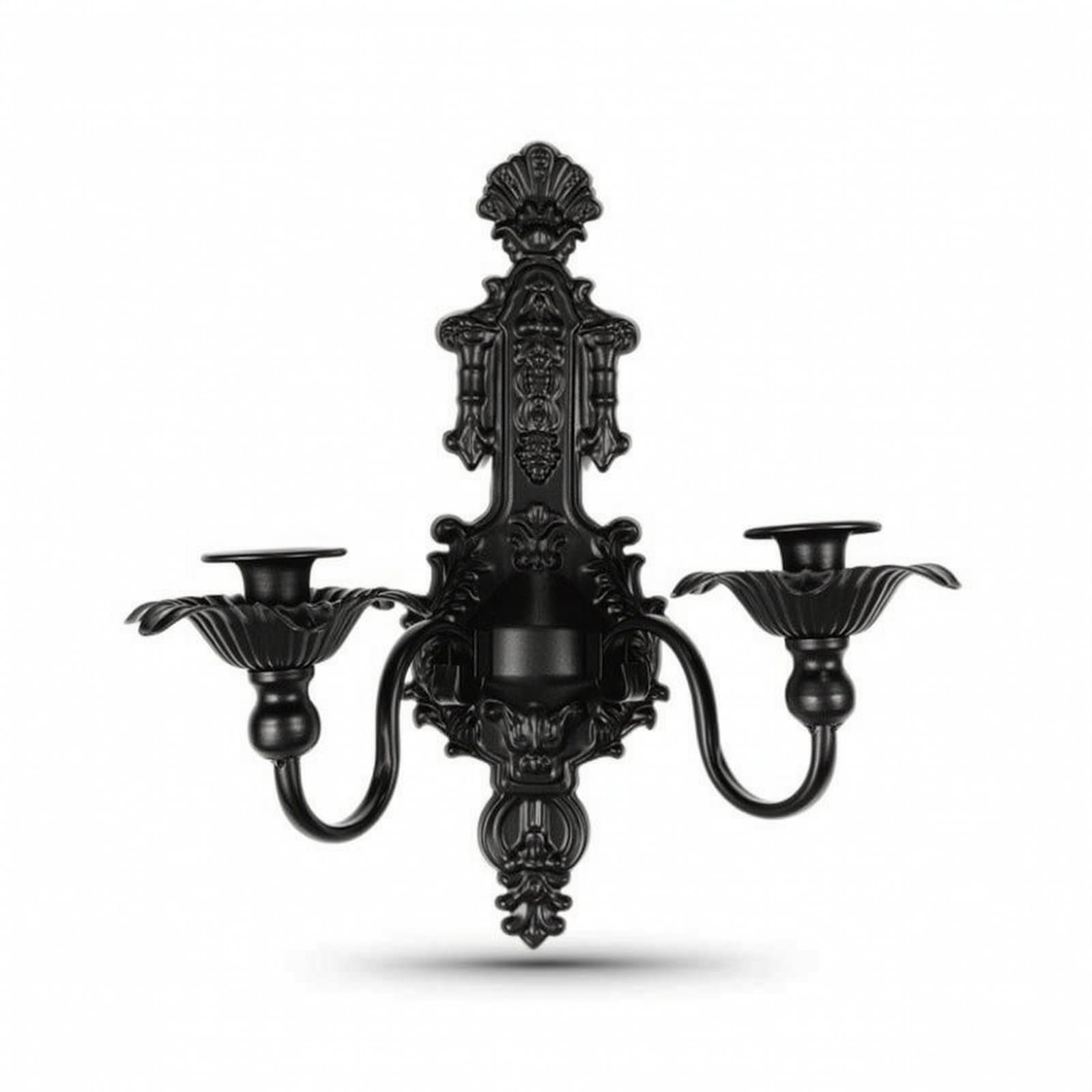 Portavelas Pared Hierro con corativa Diseño Clásico Europeo y Placa Trasera Tallada con Brazo Curvo y Acabado Envejecido Negro y Dorado Acuado para, 28cm X 35cm