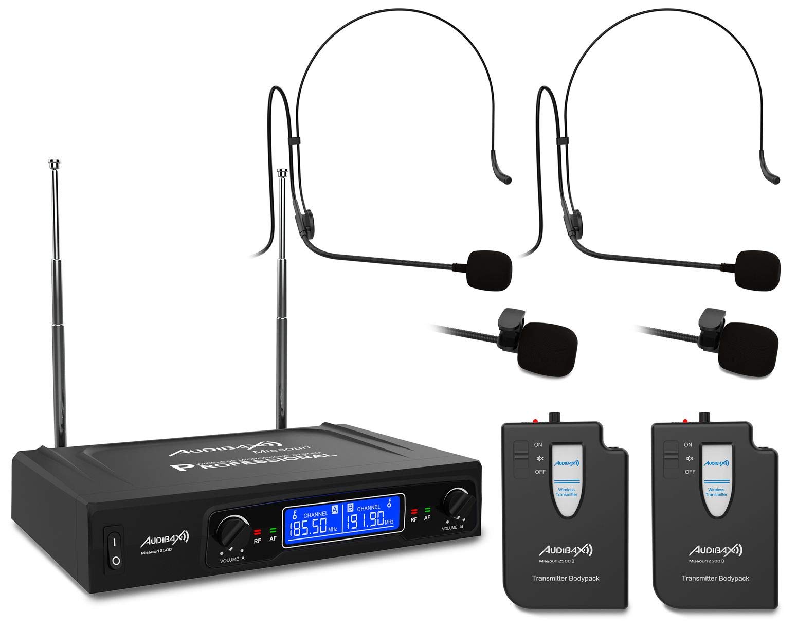 Audibax Missouri 2500-1 - Bezprzewodowy system mikrofonów VHF z dwoma ostrzami - mikrofony bezprzewodowe Madonna o częstotliwości A - system ze wskaźnikami RF/AF - złącza wyjściowe XLR i pomocnicze