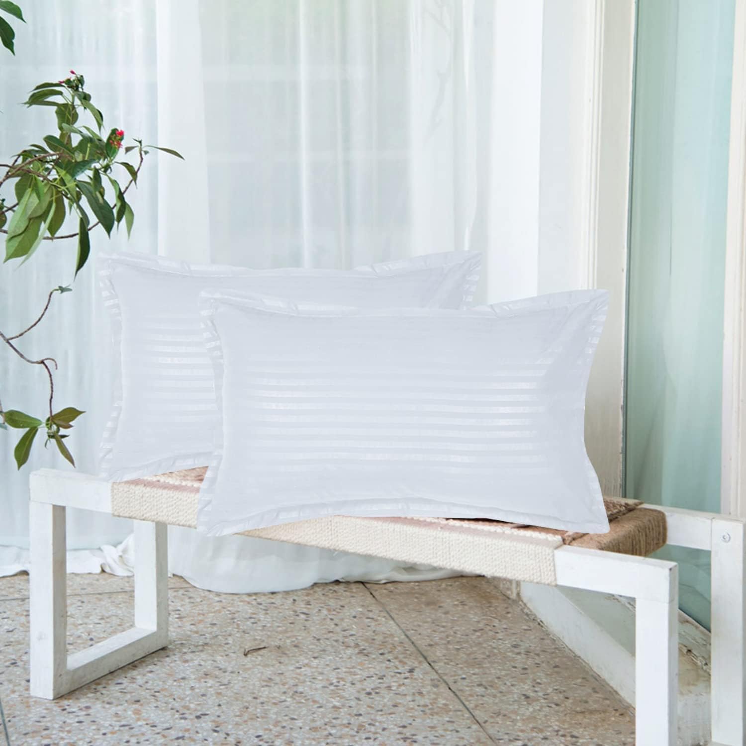 Rehen Sehen Microfibre & Polyester Premium Bed Pillow Set, Microfibre, 16 X 24 Inch or 40 X 60 Cm Striped (White) (Pack of 2)