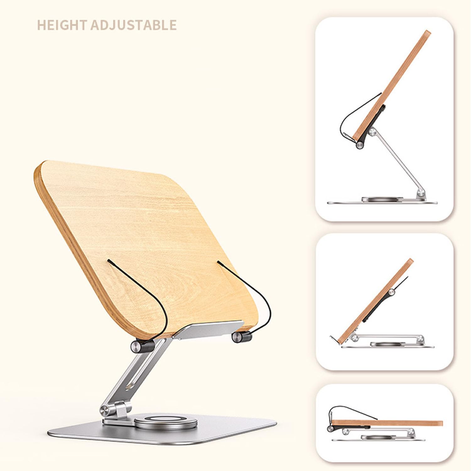 Soporte de Madera para Libros Base de Aluminio Atril Libro Cocina Plegable con Clips para Recetas, Libros Pequeños, Grandes, Gruesos y Pesados