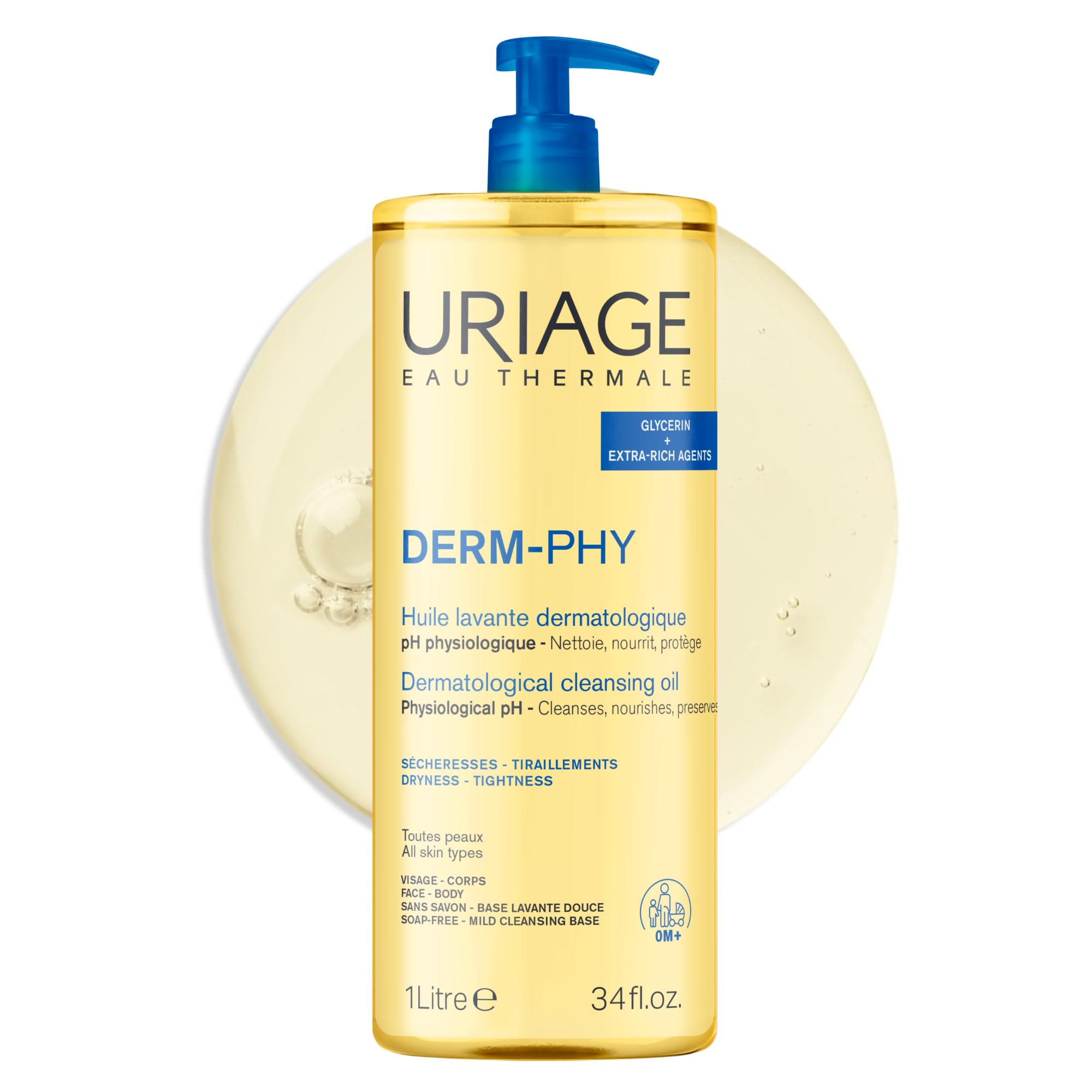 Uriage Derm-Phy Olejek do prysznica 1L - Mycie twarzy i ciała - Sucha i wrażliwa skóra - Oczyszcza, odżywia, zapobiega suchości - 25% gliceryna i dodatkowo wzbogacone składniki - Fizjologiczny pH