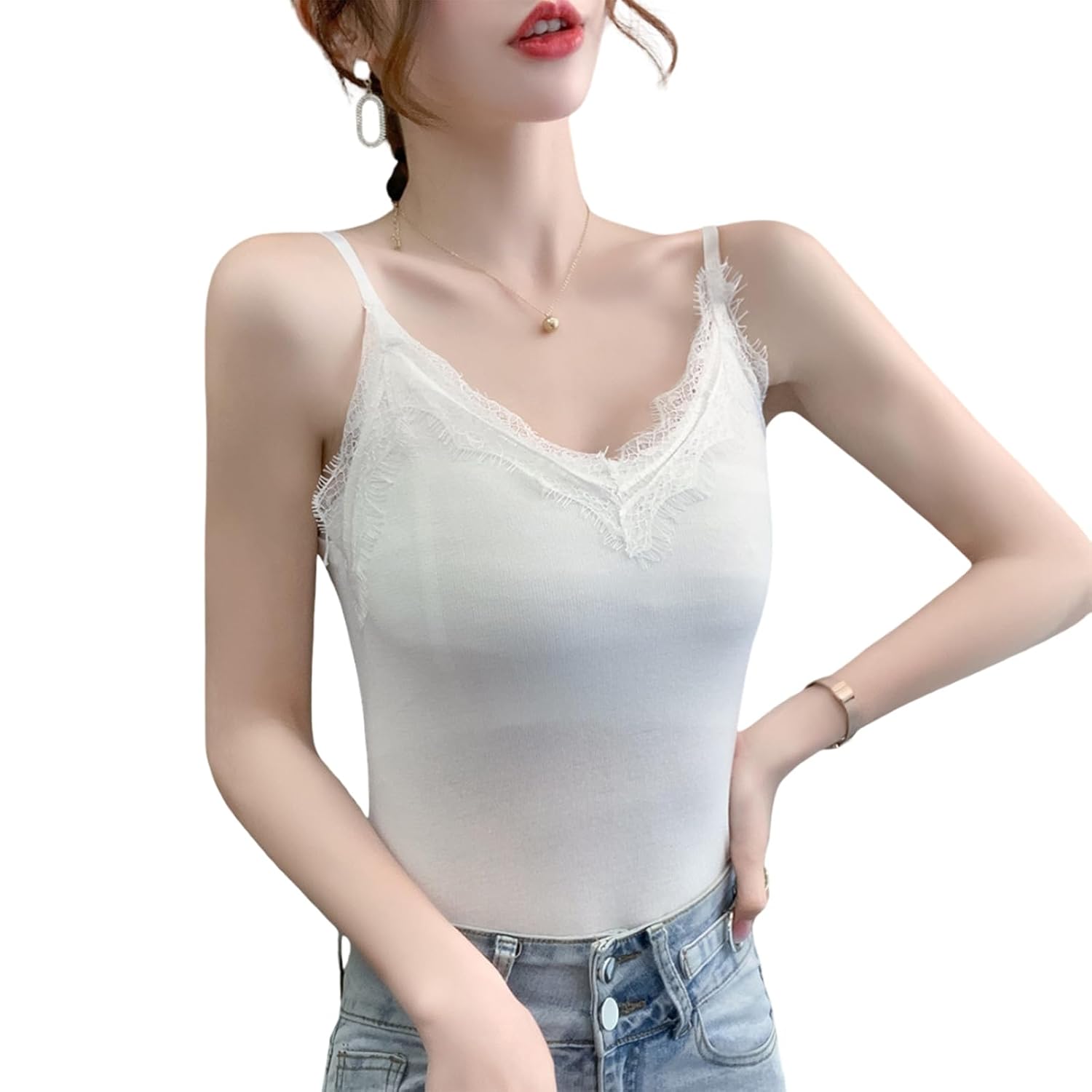 Women’s Elegant Lace Trim Sleeveless Tank Top – Sexy V-Neck Camisole for Ladies
