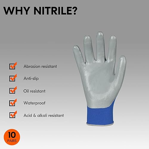 Miniatura 2 de Vgo... 10 pares de guantes de trabajo de seguridad, guantes de jardinería, revestimiento de nitrilo antideslizante, guantes de inmersión (talla M,