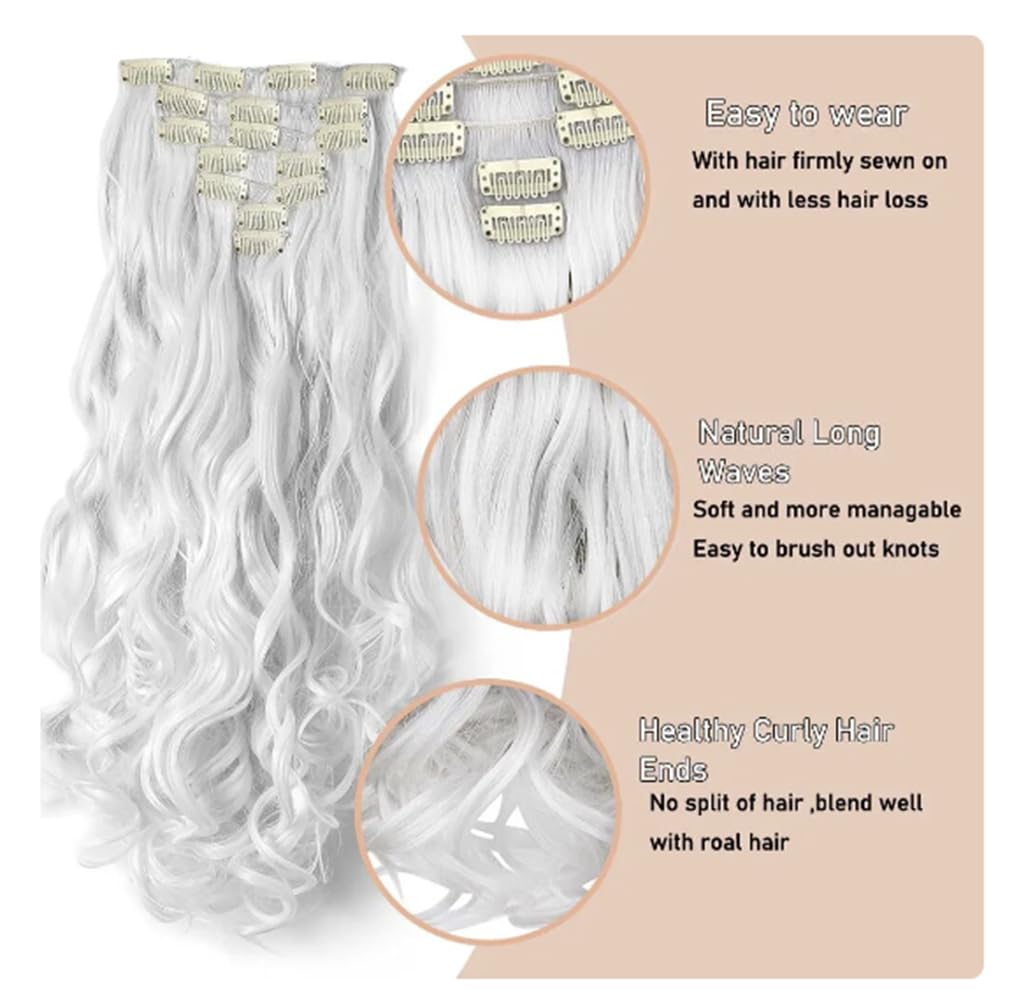 Clip In Human Hair Synthetic Full Head Hair Extension Highlights Streaks (Natural Black, Curly) - Image 3