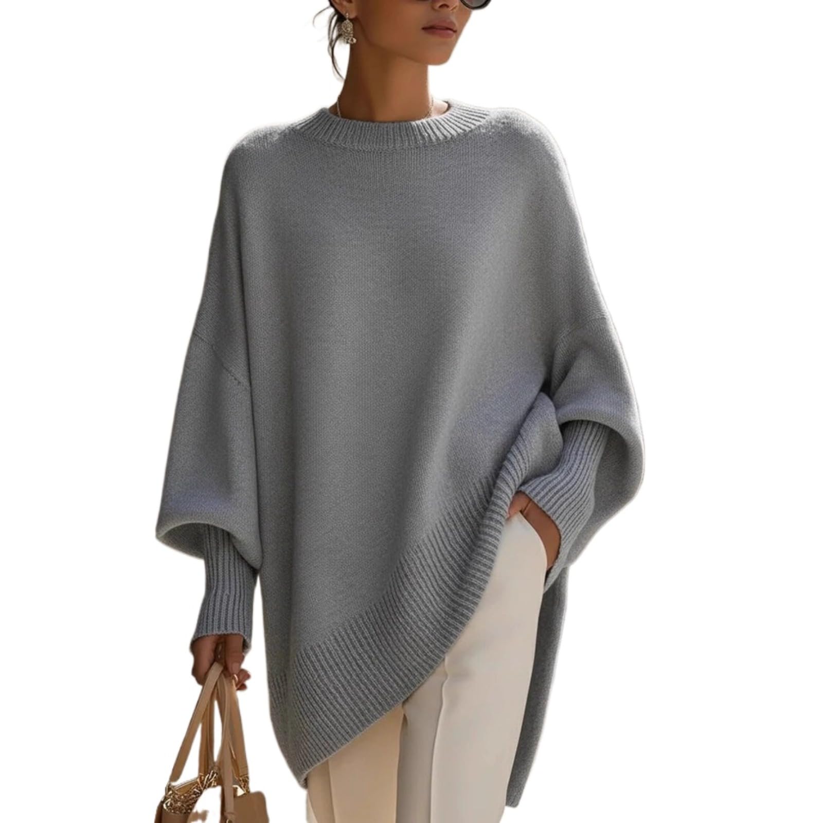 KIRYU Damen-Pullover mit asymmetrischem Saum, Fledermausärmel, Rundhalsausschnitt, Strickpullover, gemütlich, lang, Tunika-Pullover, Braun, Klein