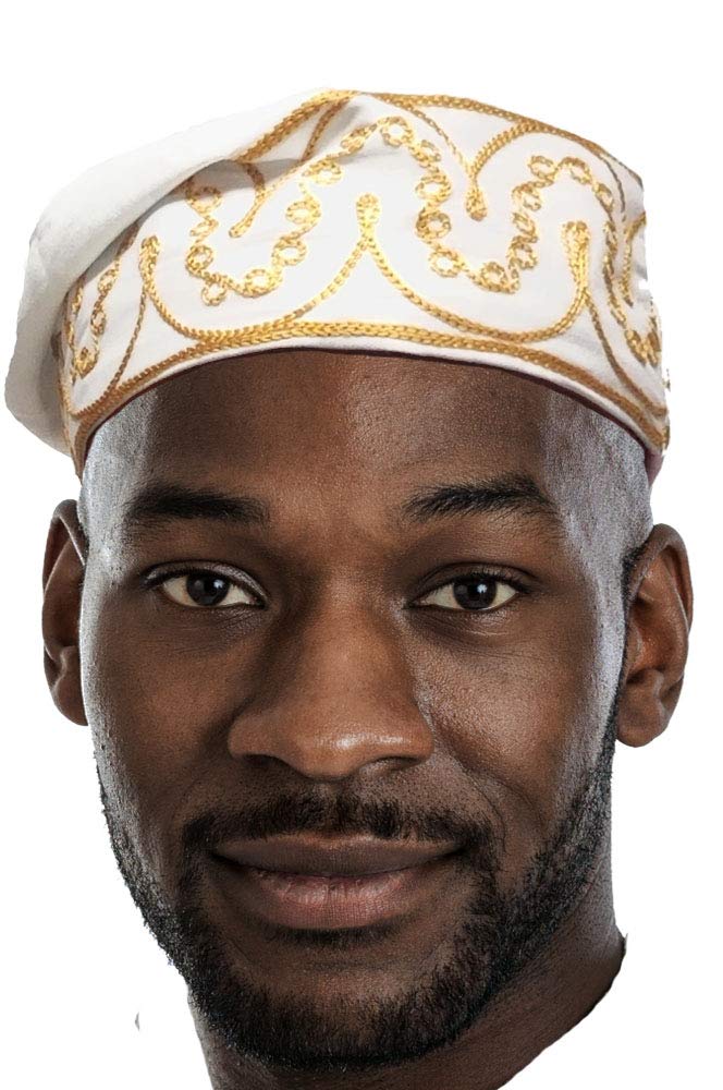 Off White and Gold African Cotton Kufi Hat
